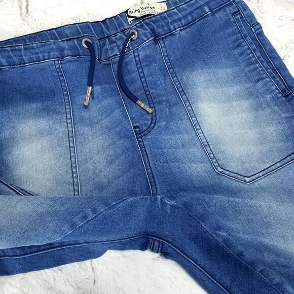Being Human Jeans Mens Size 32x30 Blue Jogger Drop Crotch Slim Drawstring Denim - Picture 8 of 13